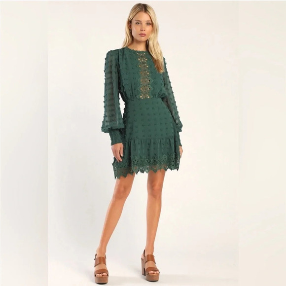 Lulus Dresses & Skirts - Lulus Love Or Lust Embroidered Lace Long Sleeve Emerald Green Size Small